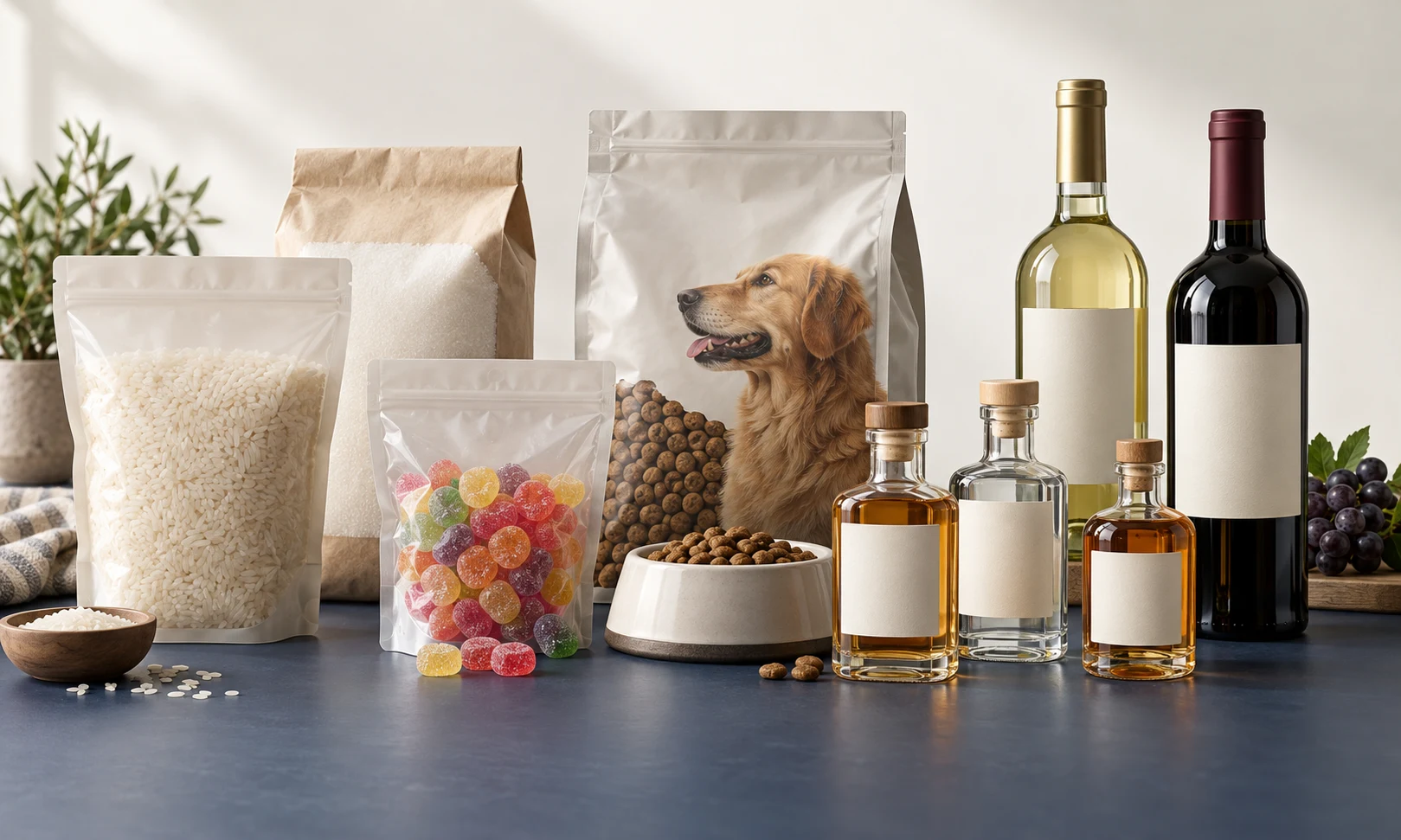 Illustrative unbranded packaged food and beverage assortment
