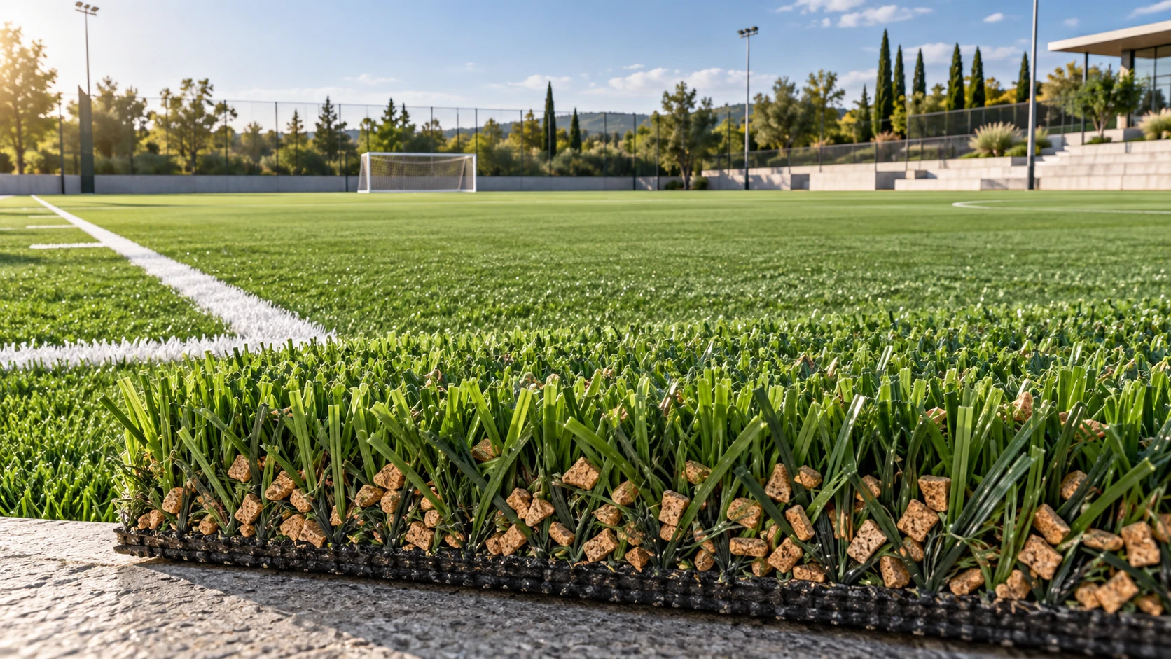 Illustrative synthetic soccer field with natural cork infill